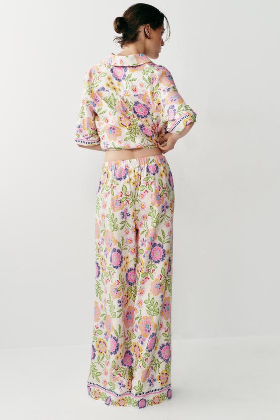 Pantalon imprimé floral en lin