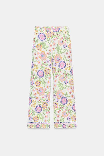 Pantalon imprimé floral en lin