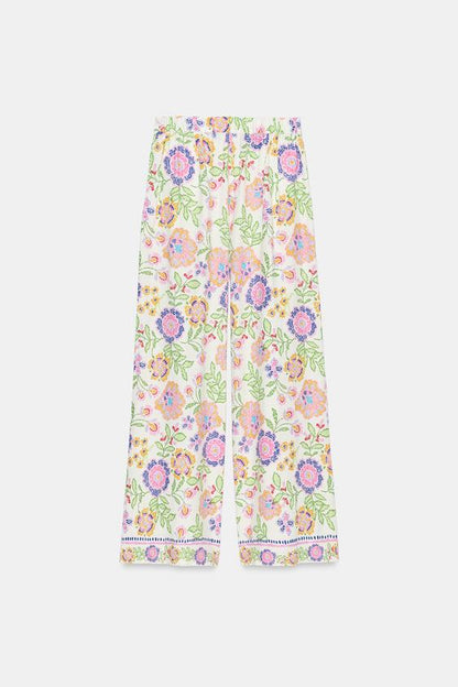 Pantalon imprimé floral en lin
