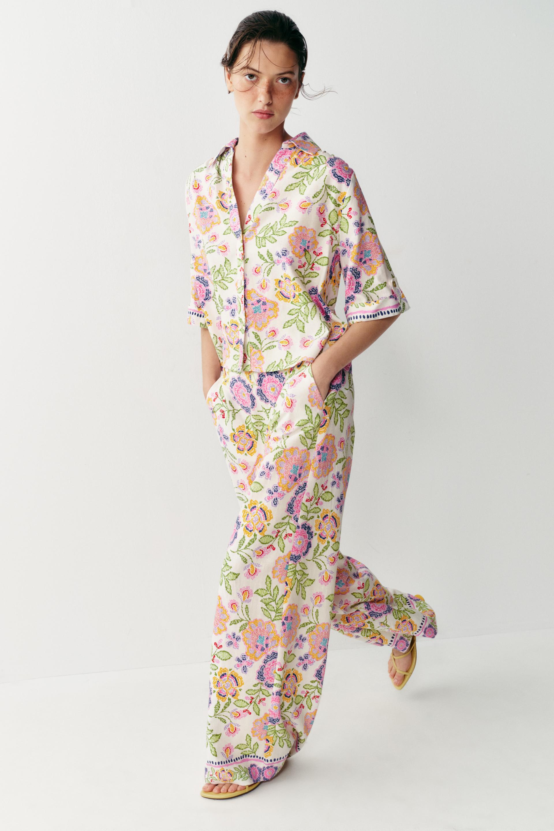 Pantalon imprimé floral en lin