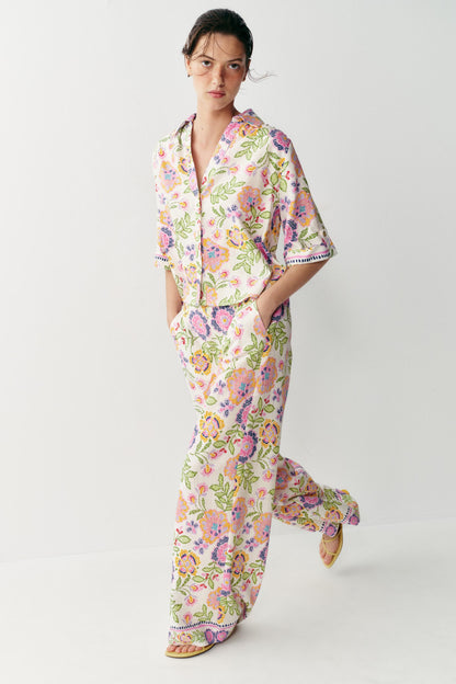 Pantalon imprimé floral en lin