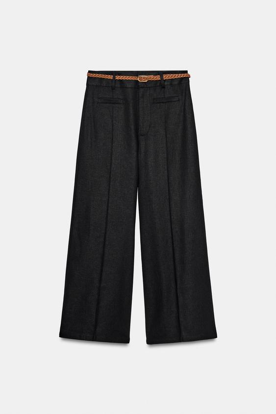 Pantalon-culotte en lin avec ceinture tressée