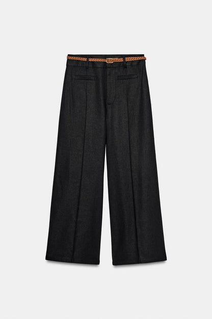 Pantalon-culotte en lin avec ceinture tressée