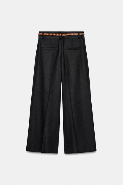 Pantalon-culotte en lin avec ceinture tressée