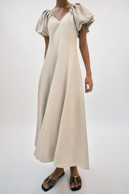 Robe midi en lin à manches bouffantes