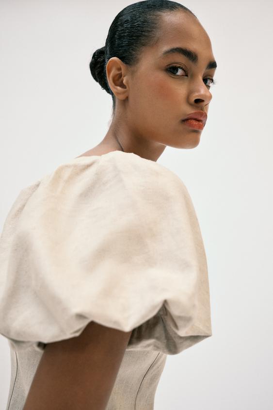Robe midi en lin à manches bouffantes