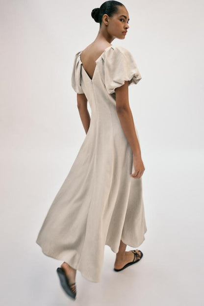 Robe midi en lin à manches bouffantes