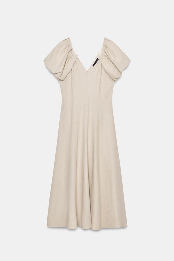 Robe midi en lin à manches bouffantes