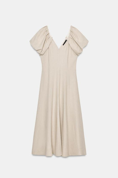 Robe midi en lin à manches bouffantes