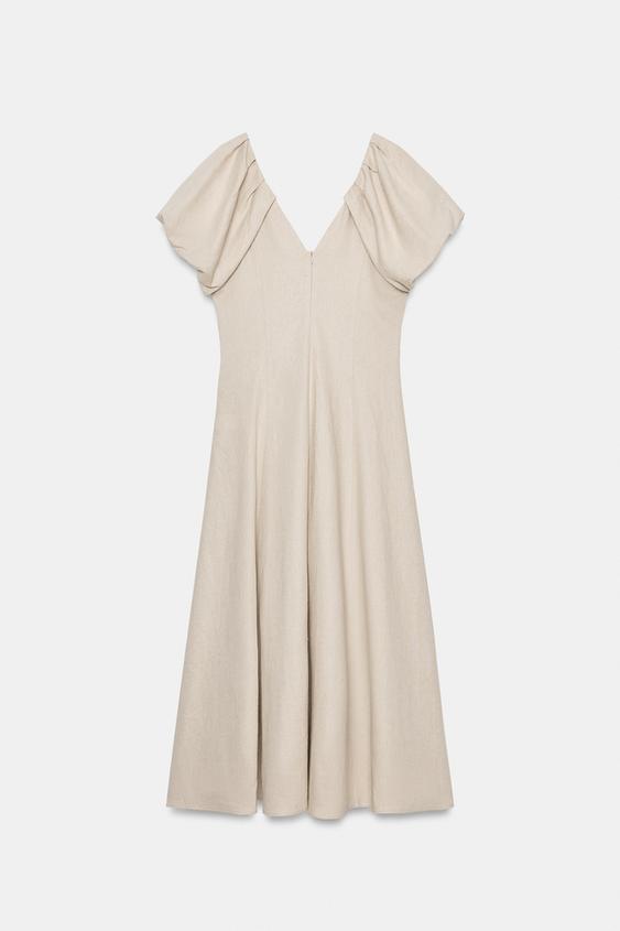 Robe midi en lin à manches bouffantes