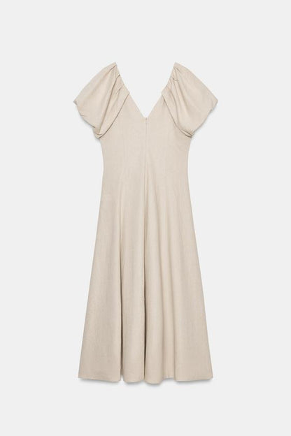 Robe midi en lin à manches bouffantes