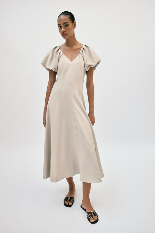 Robe midi en lin à manches bouffantes