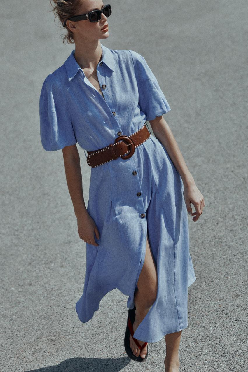 Robe midi en lin avec ceinture