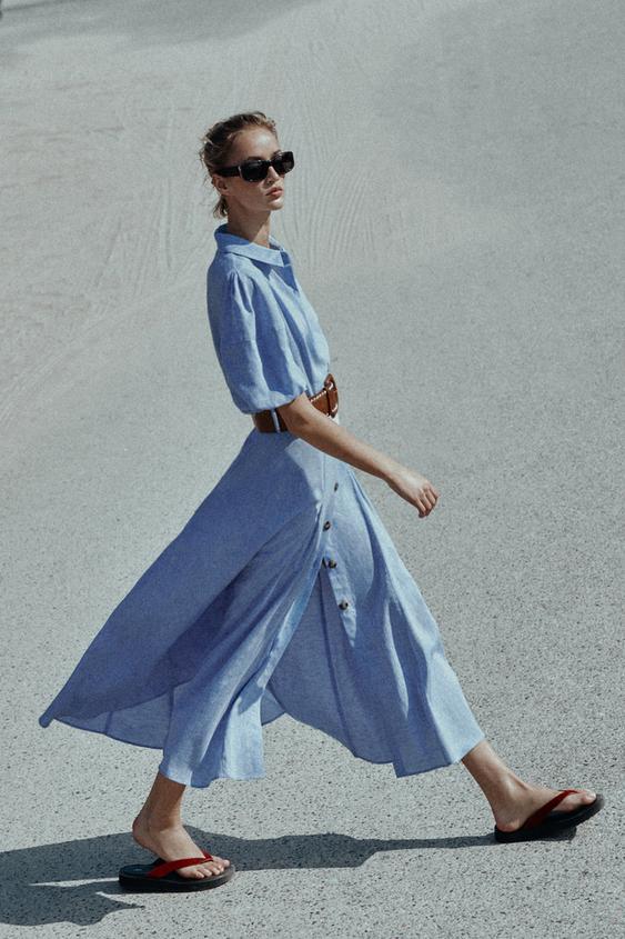 Robe midi en lin avec ceinture