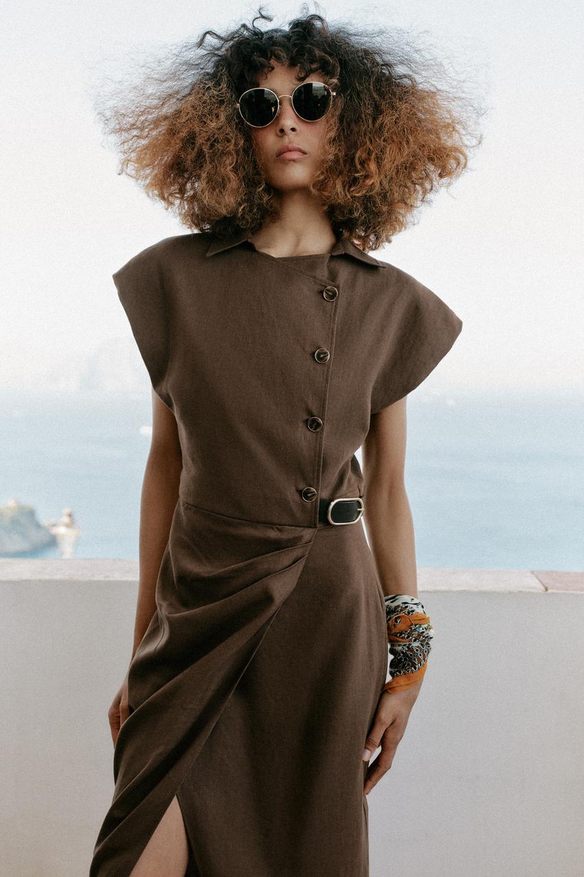 Robe midi en lin avec ceinture