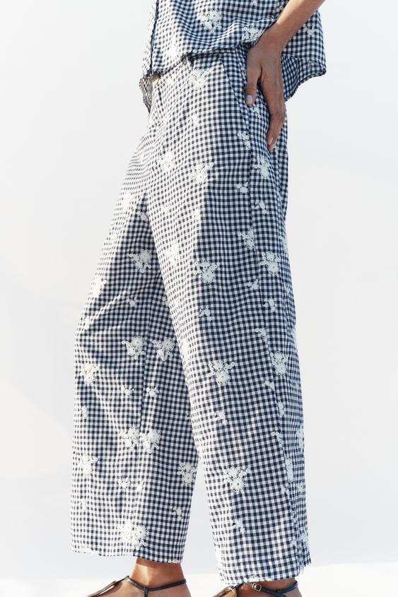 Pantalon-culotte à carreaux brodé