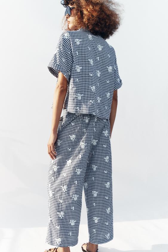 Pantalon-culotte à carreaux brodé