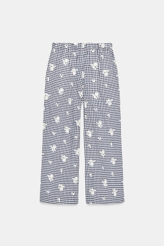 Pantalon-culotte à carreaux brodé