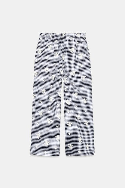 Pantalon-culotte à carreaux brodé