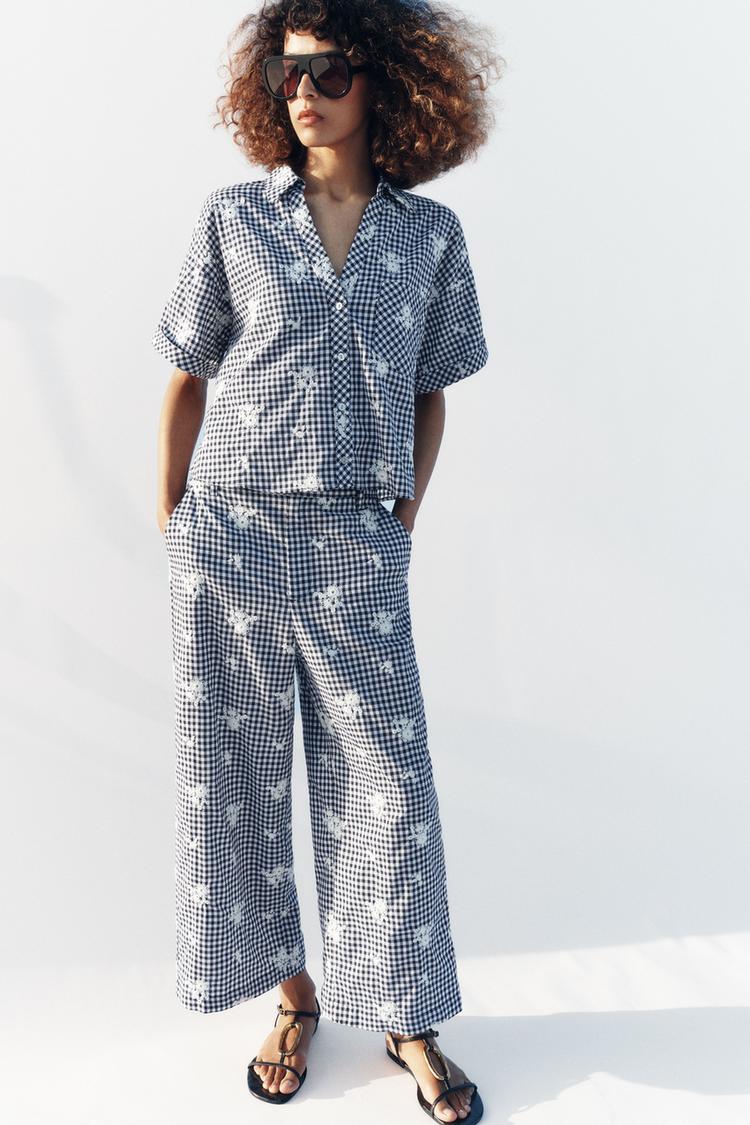 Pantalon-culotte à carreaux brodé