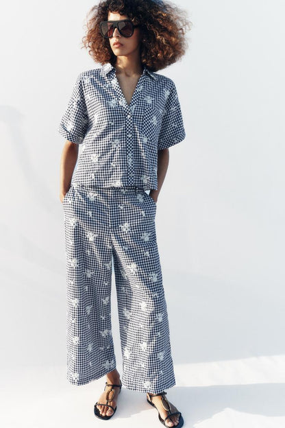 Pantalon-culotte à carreaux brodé