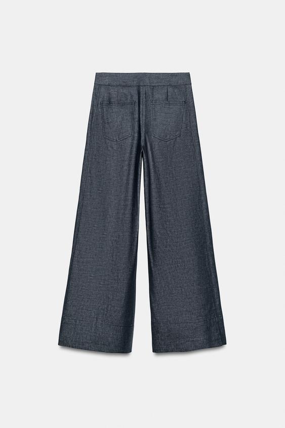 Pantalon large taille haute en lin