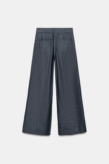 Pantalon large taille haute en lin
