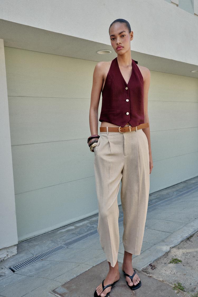 Pantalon en lin à pinces avec ceinture
