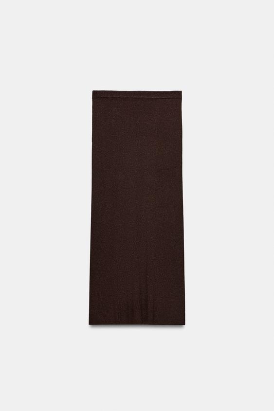 Jupe midi en maille côtelée à fil métallisé