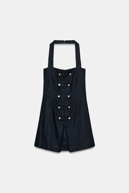 Robe courte à brandebourgs en lin
