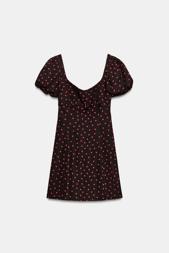 Robe à pois à manches bouffantes en lin