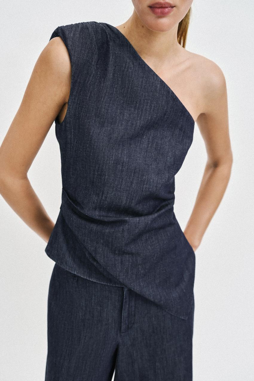 Top asymétrique en lin à épaulette