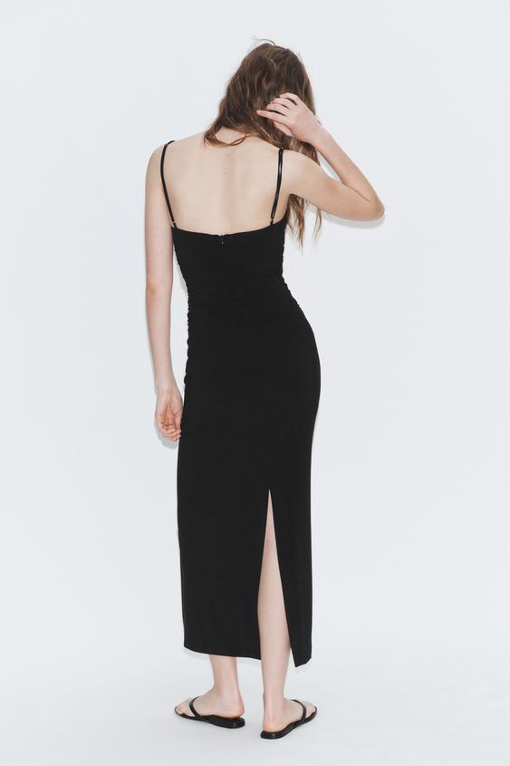 Robe midi à bretelles et fronces