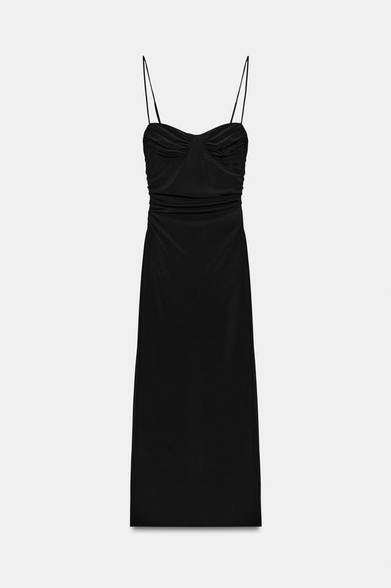 Robe midi à bretelles et fronces
