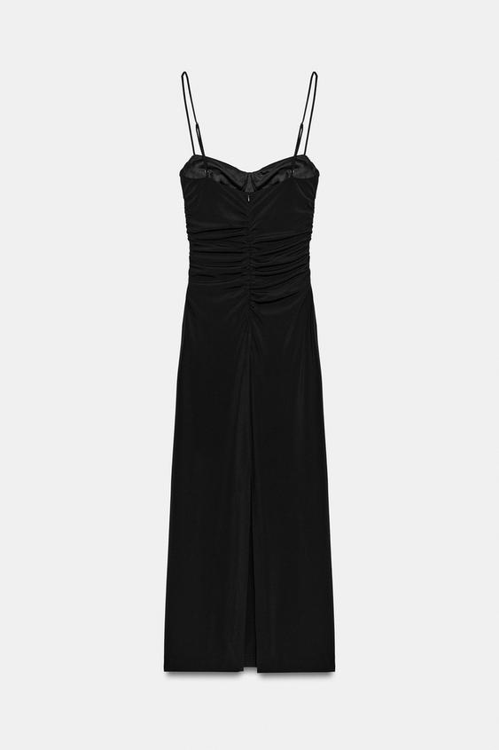 Robe midi à bretelles et fronces