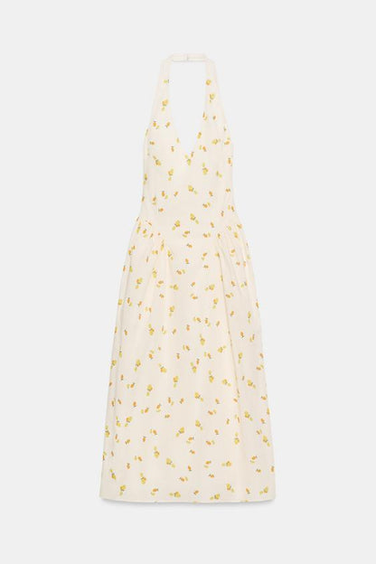Robe midi dos-nu en popeline à motif fruits