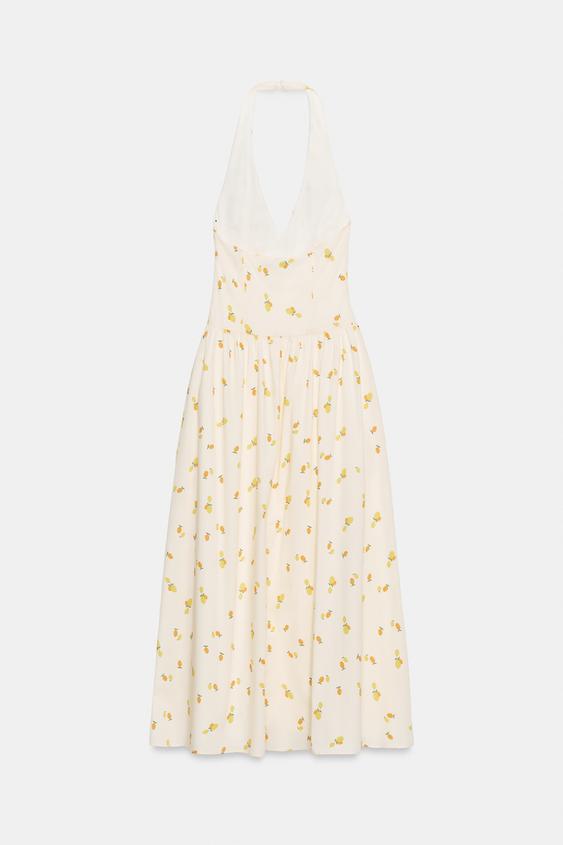 Robe midi dos-nu en popeline à motif fruits