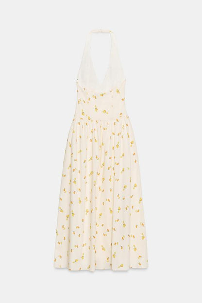Robe midi dos-nu en popeline à motif fruits