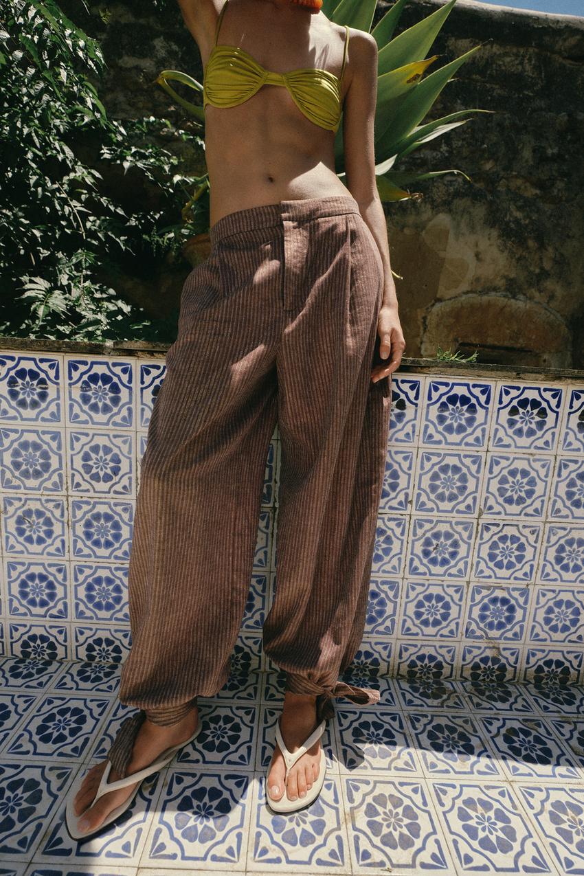 Pantalon bouffant avec nœuds en lin