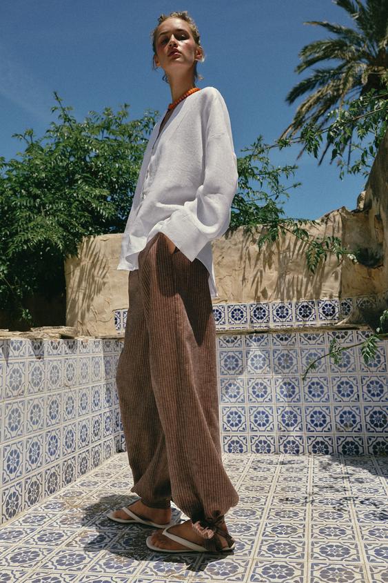 Pantalon bouffant avec nœuds en lin
