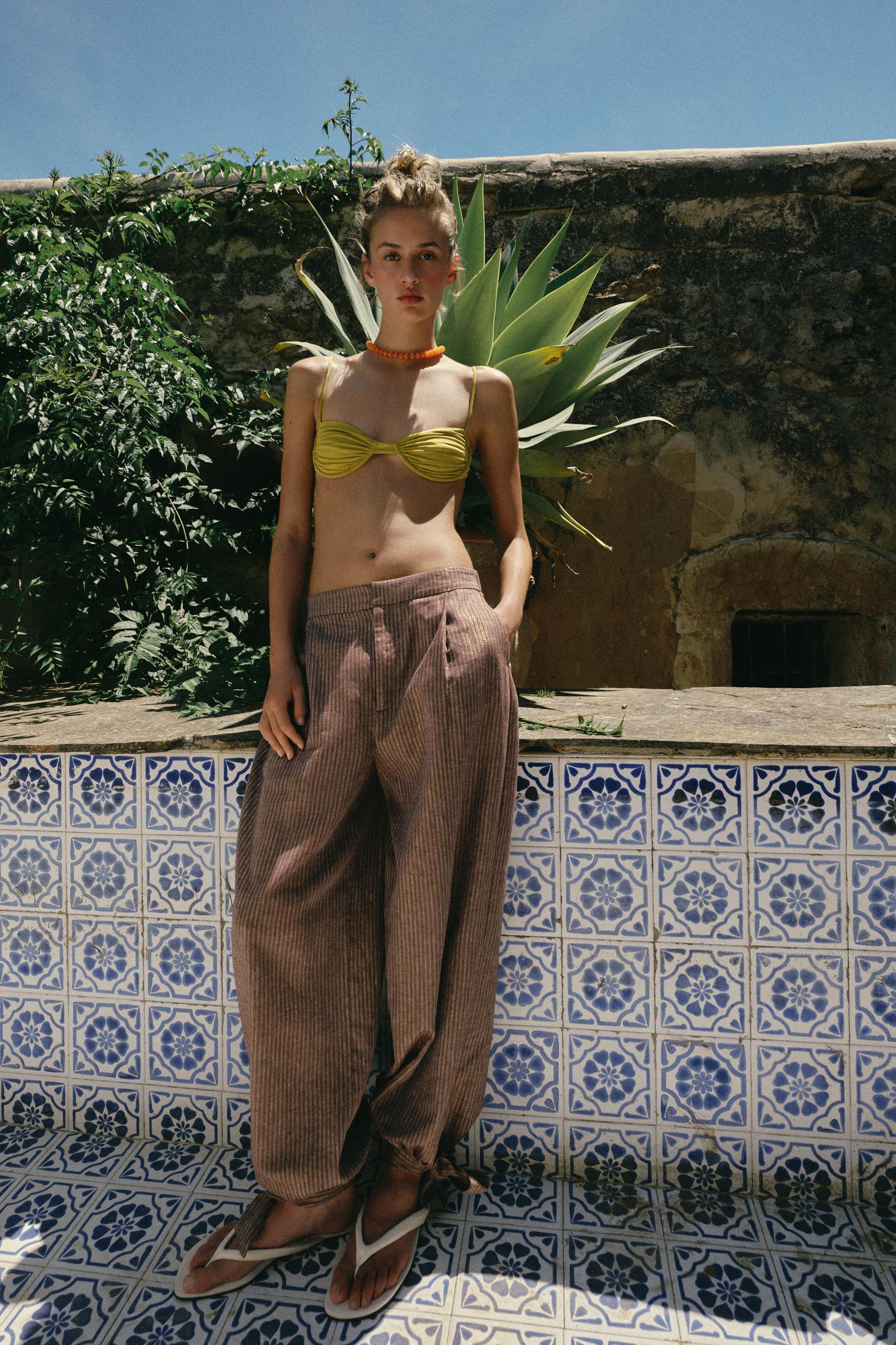 Pantalon bouffant avec nœuds en lin