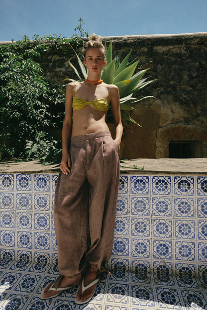 Pantalon bouffant avec nœuds en lin
