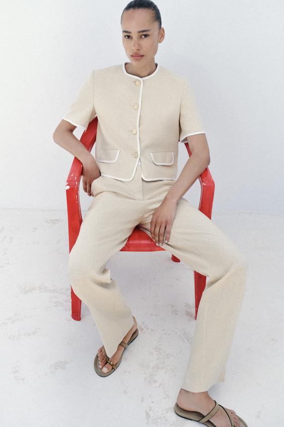 Pantalon droit en lin à taille contrastée