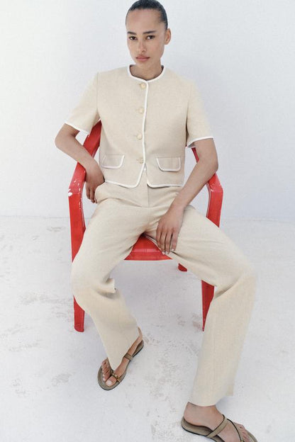Pantalon droit en lin à taille contrastée