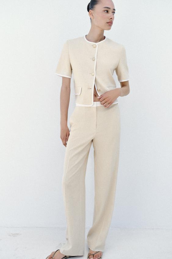 Pantalon droit en lin à taille contrastée