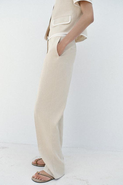 Pantalon droit en lin à taille contrastée