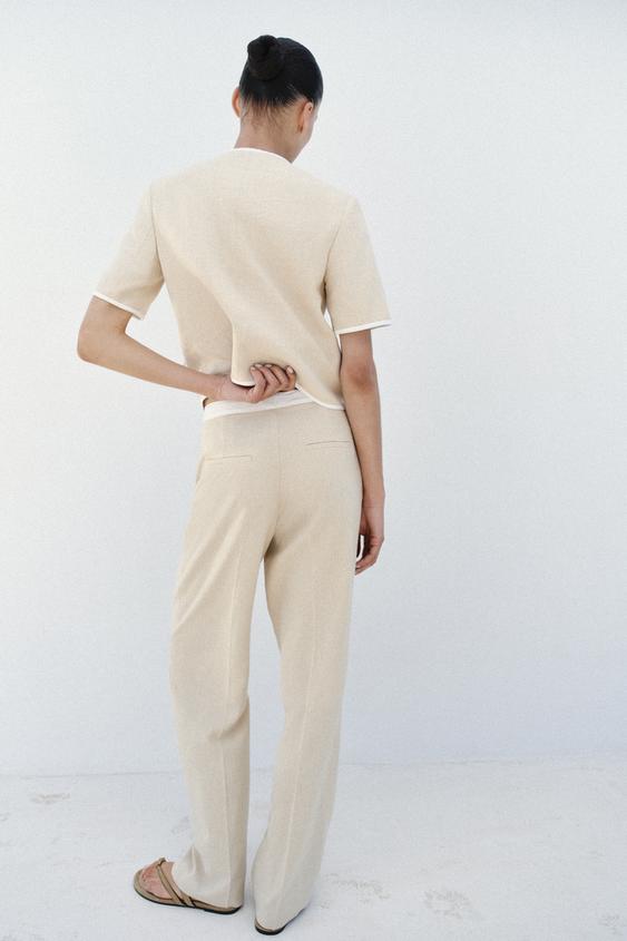 Pantalon droit en lin à taille contrastée