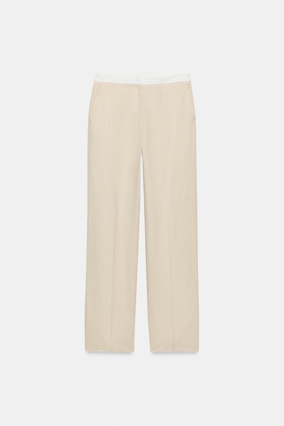 Pantalon droit en lin à taille contrastée