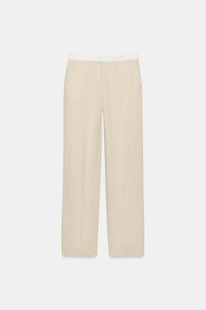 Pantalon droit en lin à taille contrastée