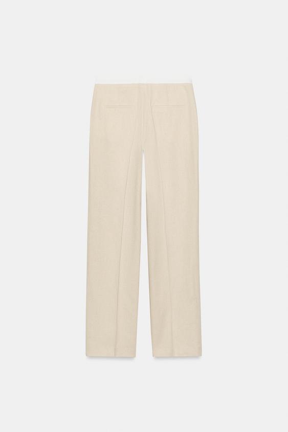Pantalon droit en lin à taille contrastée